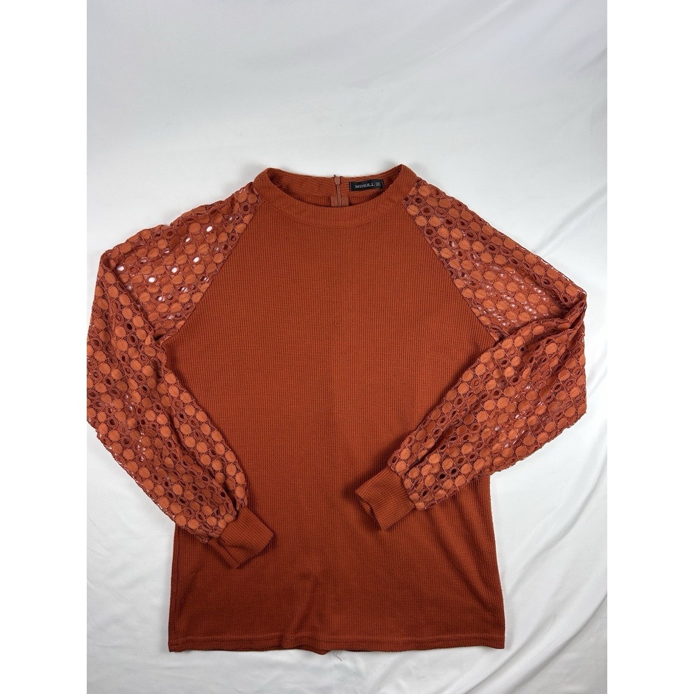 Women's M Miholl Waffle Texture Thermal Look Top Lace Sleeves Burnt Orange